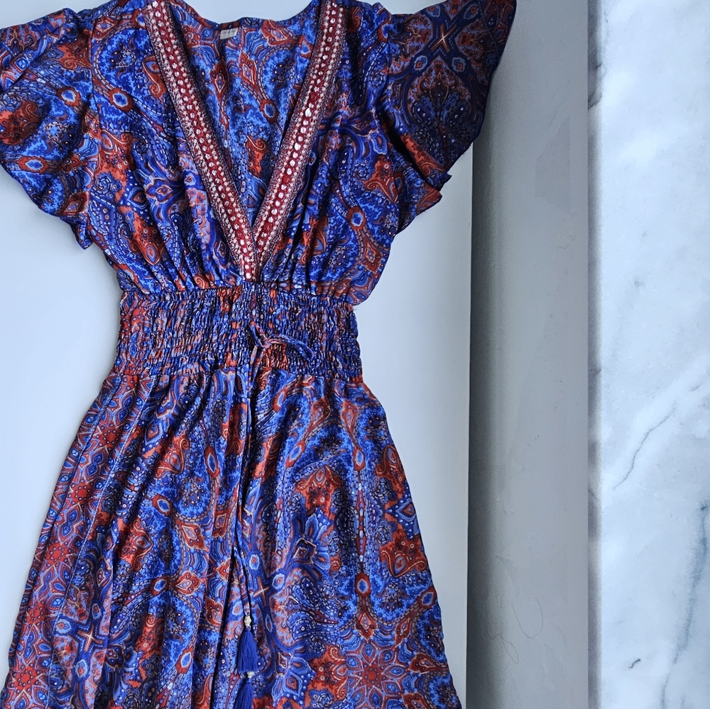 Art Silk Made In India Purple & Red Jeweled Smoked Boho Flutter Sleeve Dress - Picture 8 of 14